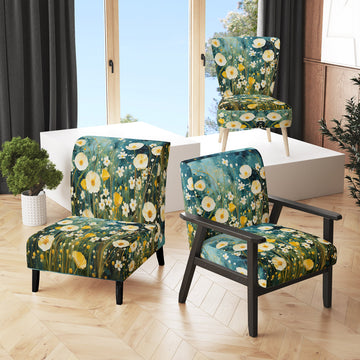 Teal White Buttercups Buttercup Meadow - Traditional Accent Side Chair